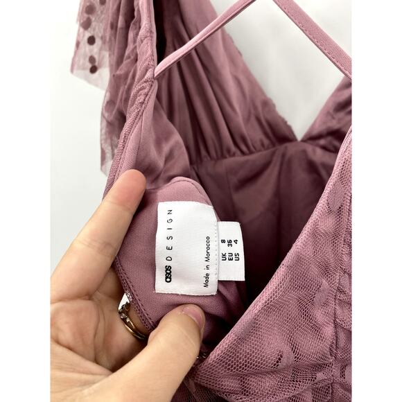 ASOS 4 purple textured mesh ruched ruffle cross back mini dress - Picture 6 of 8